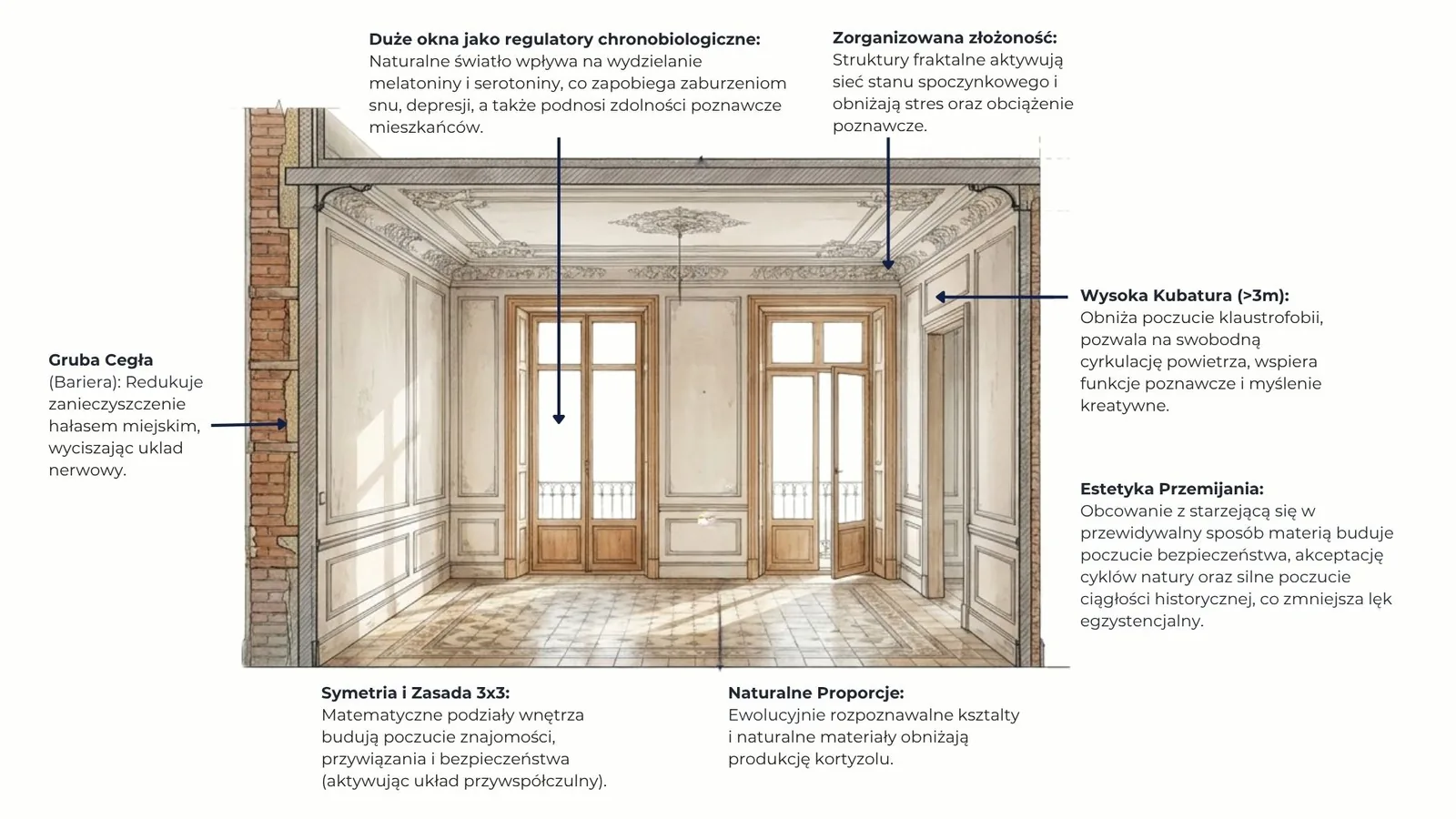 Przekrój wnętrza kamienicy z opisem cech historycznej przestrzeni